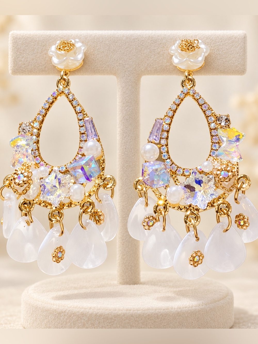 Crystal & White Floral Chandelier Earrings